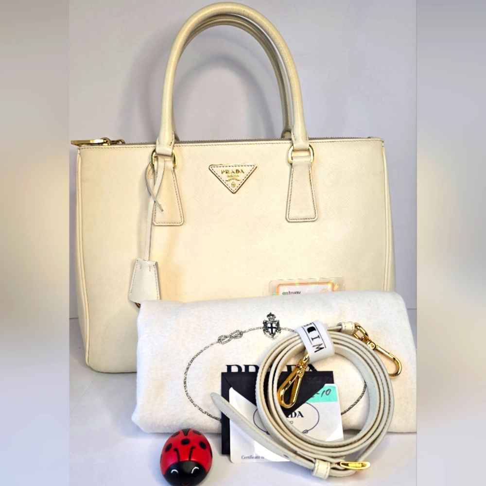 Prada Galleria MM Off-White Saffiano Leather Tote | Strap + Entrupy | Rank A
